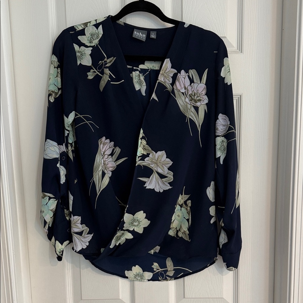NY & Company Navy Floral Wrap Blouse
